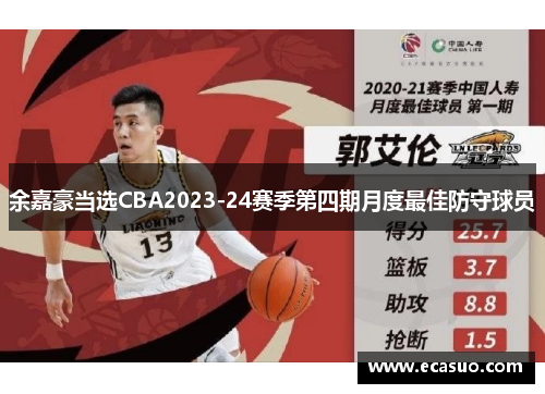 余嘉豪当选CBA2023-24赛季第四期月度最佳防守球员